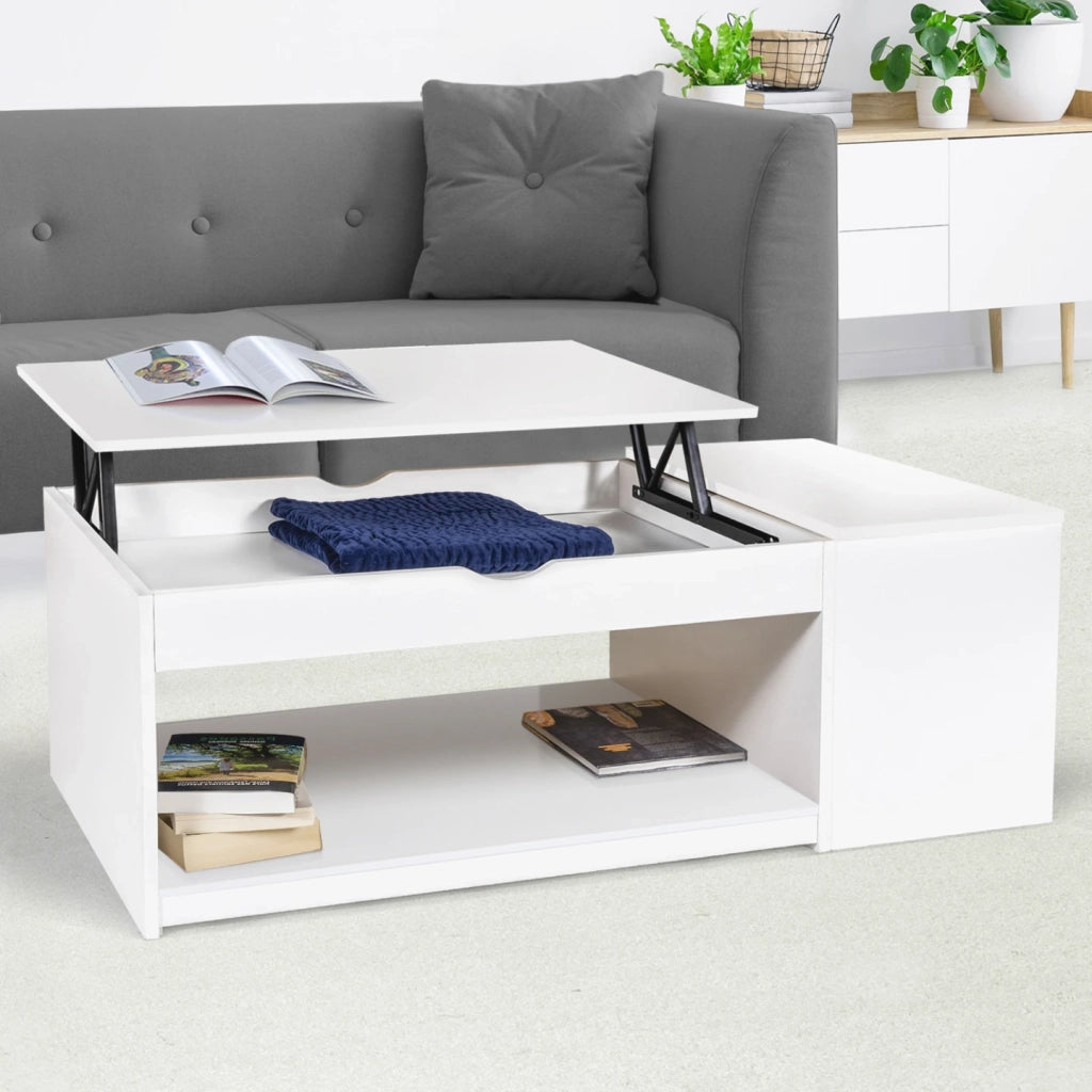 IDMarket - Tavolino ELEA rettangolare alzabile con cassa in legno bianco