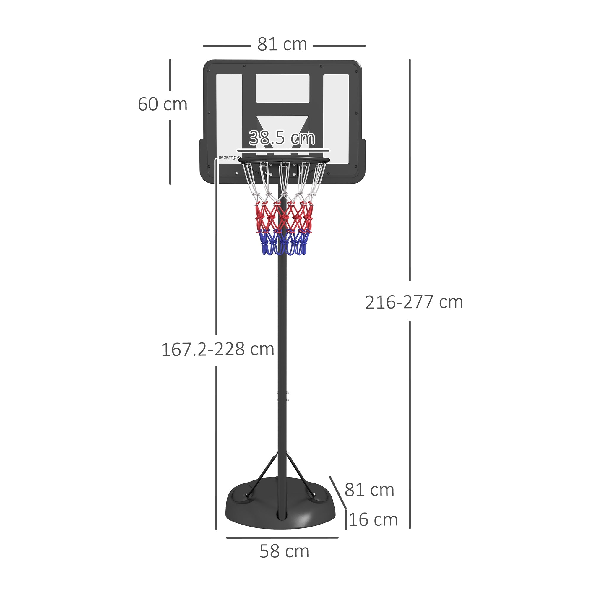 Canestro Basket ad Altezza Regolabile 216-277 cm con Base Riempibile in Acciaio e PE Nero
