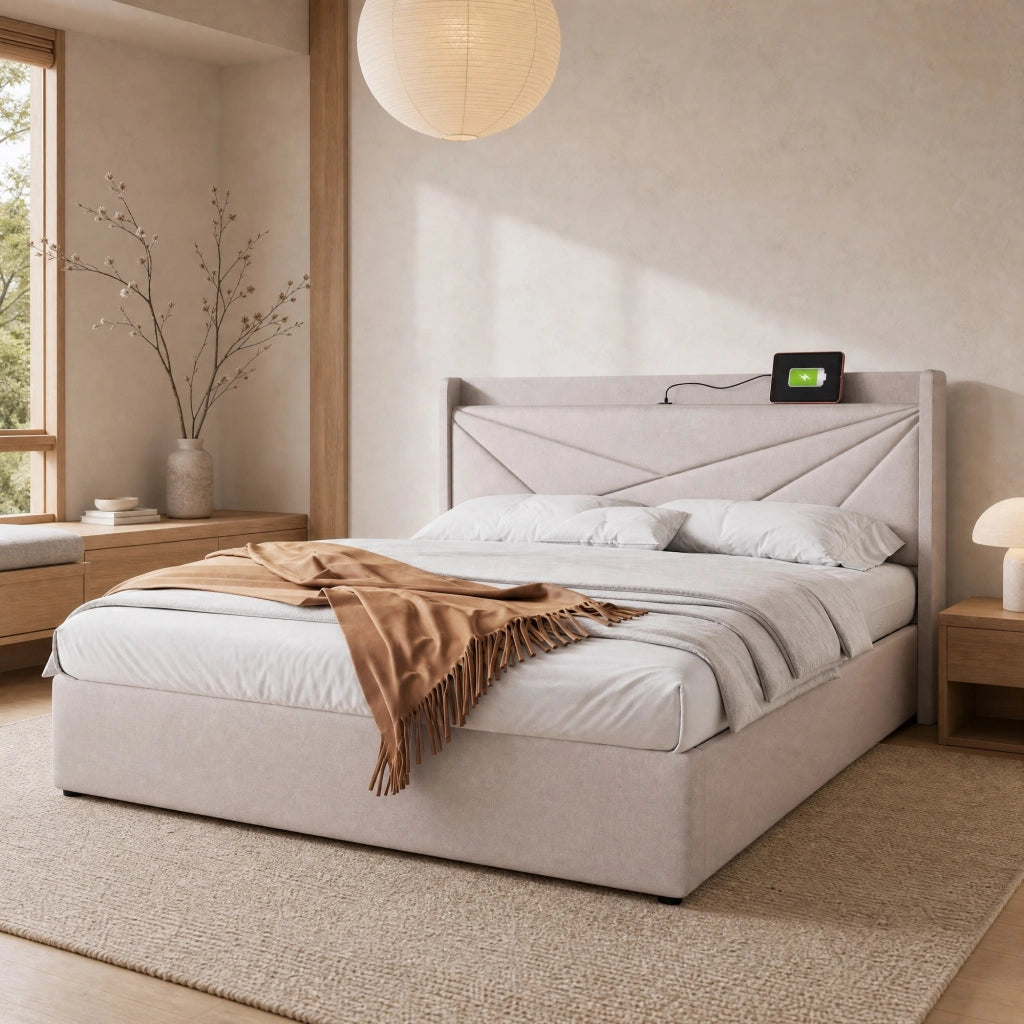 LETTO matrimoniale contenitore 180x200 cm beige in cotone lino con USB Type-C