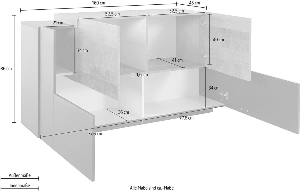 Credenza 4 Ante 160x45x86 cm Coro Bianco Lucido/Bianco