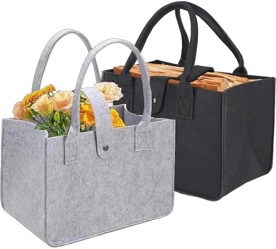 Sacchetto pieghevole in velluto 2 pezzi – grigio nero – 10L – shopper con impugnature robuste – sacchetto per la raccolta di abiti, libri, legna, giornali – riutilizzabile e spazievole