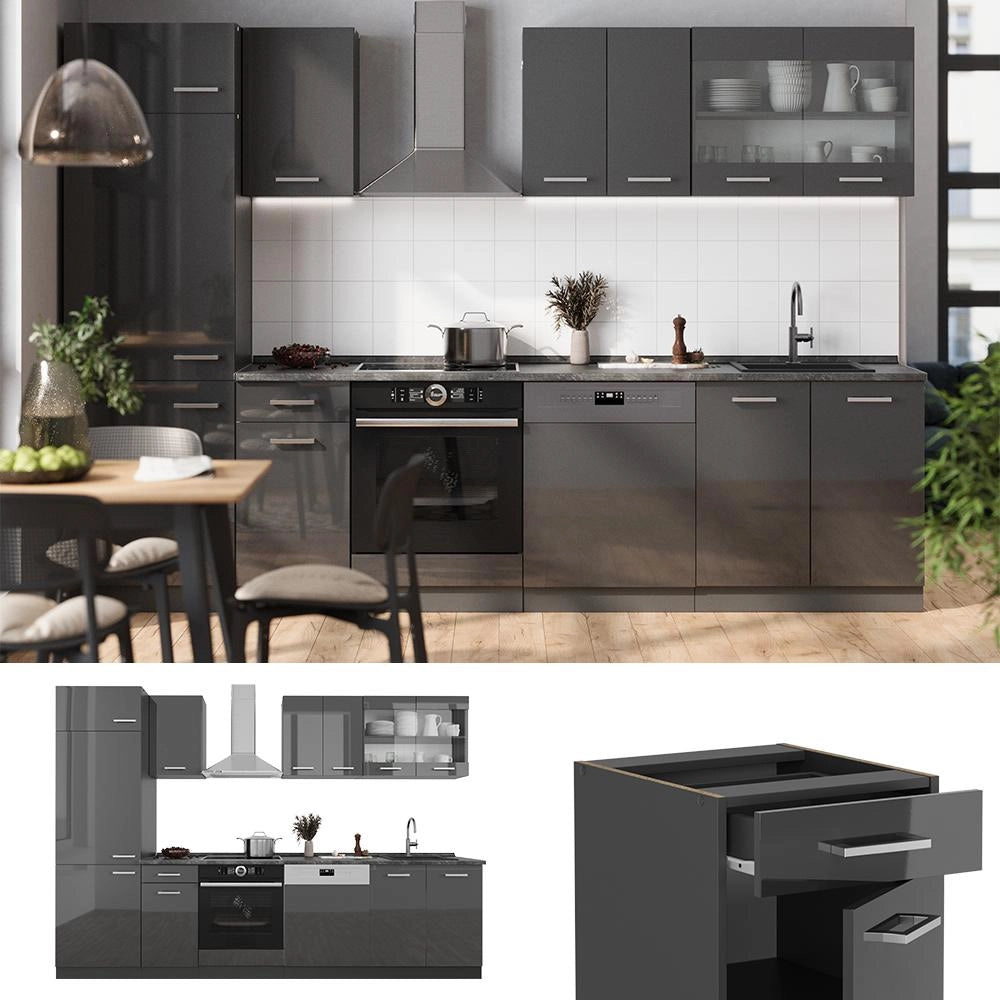 Cucina componibile R-Line Antracite lucido/Antracite 300 cm, PL Rovere Vicco