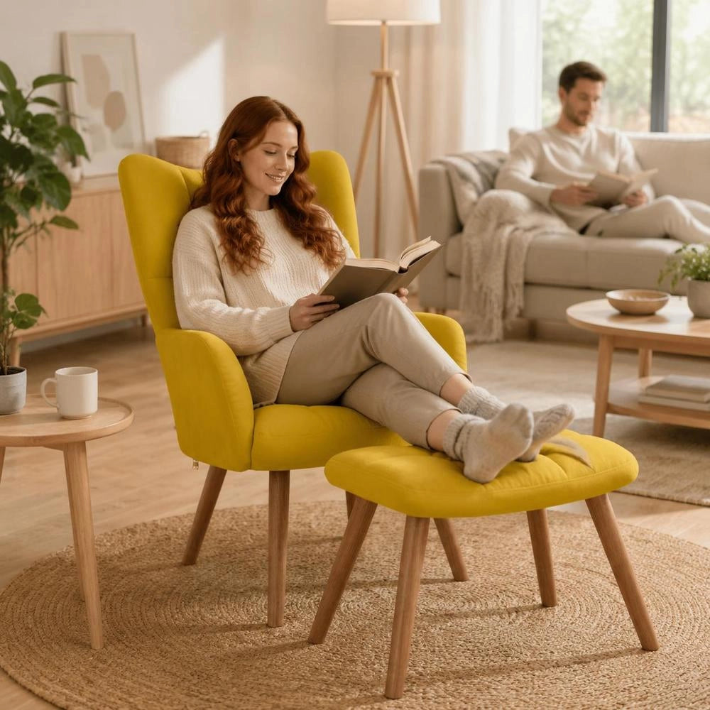 Reclining Armchair With Footstool, Mustard Yellow Velvet
