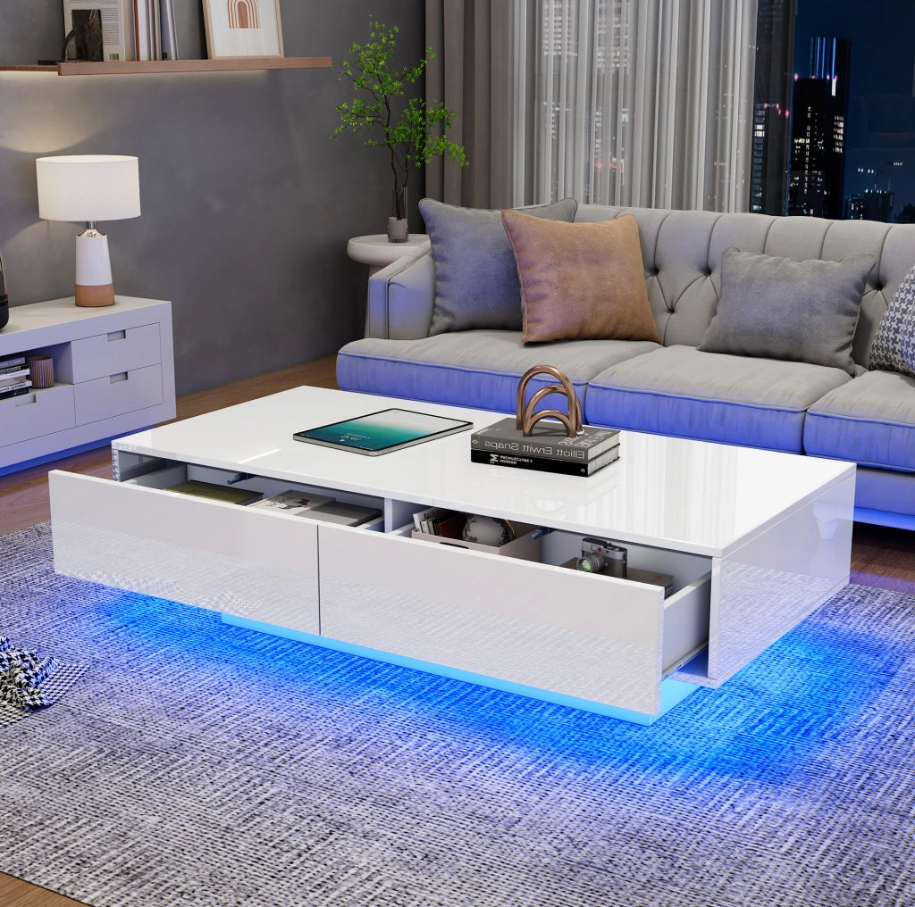 Tavolino da salotto bianco lucido con LED e 2 cassetti