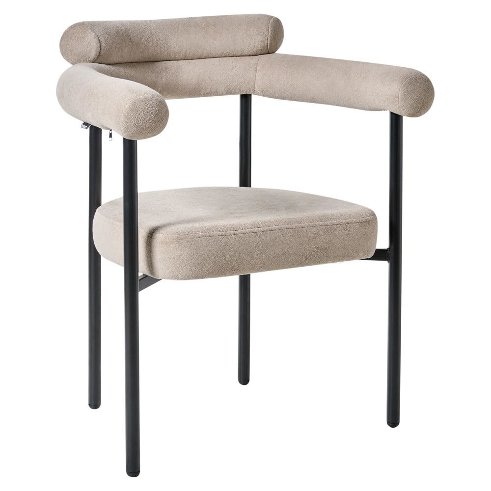 Set di 2 sedie da pranzo Beige Rivestimento in poliestere Gambe nere in ferro Schienale arrotondato Mobili da sala da pranzo in stile moderno