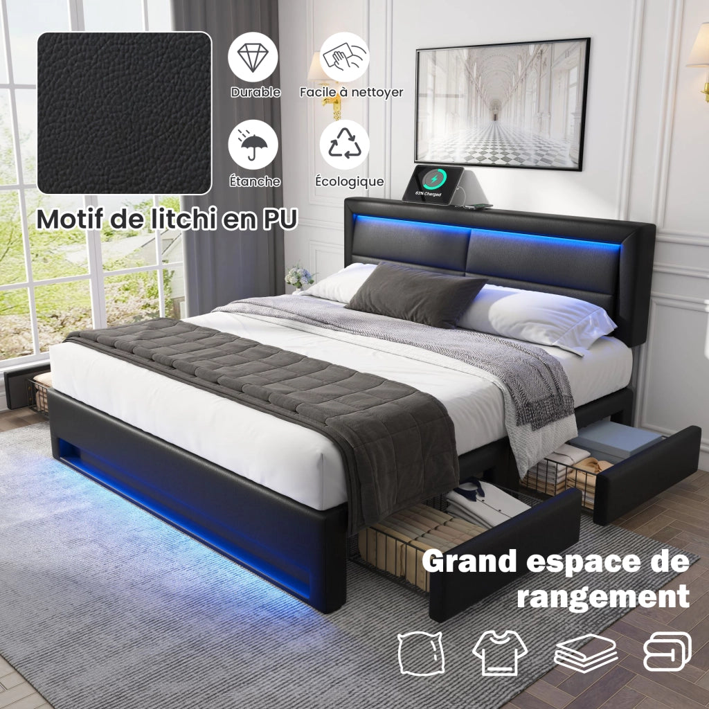 OKWISH Letto con Cassetti 140×190 cm, Letto Matrimoniale con 4 Cassetti, USB, Ricarica Wireless e LED Regolabile, senza Materasso, in PU, Nero