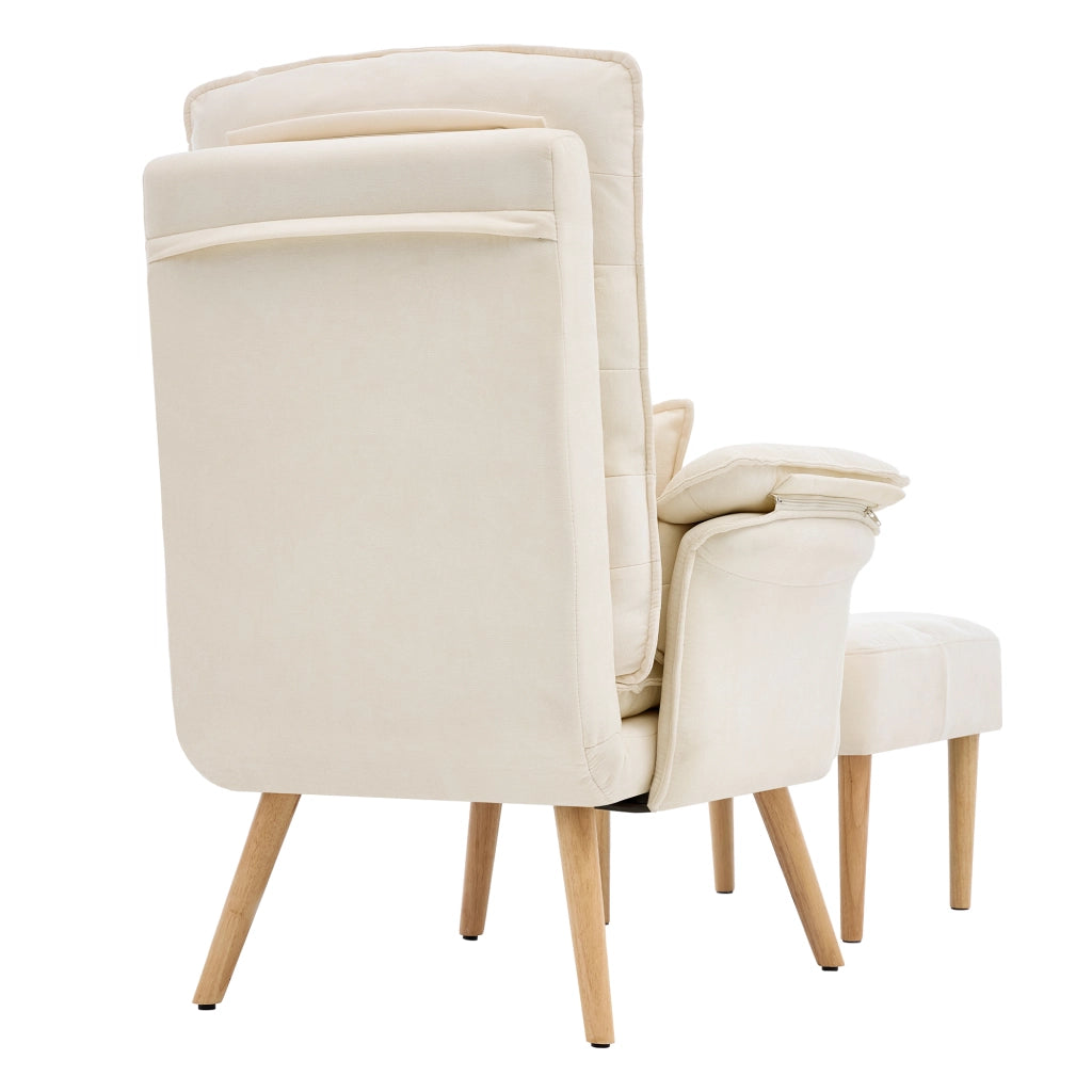 Sedia relax con pouf, schienale reclinabile a 5 posizioni, poltrona imbottita in lino beige