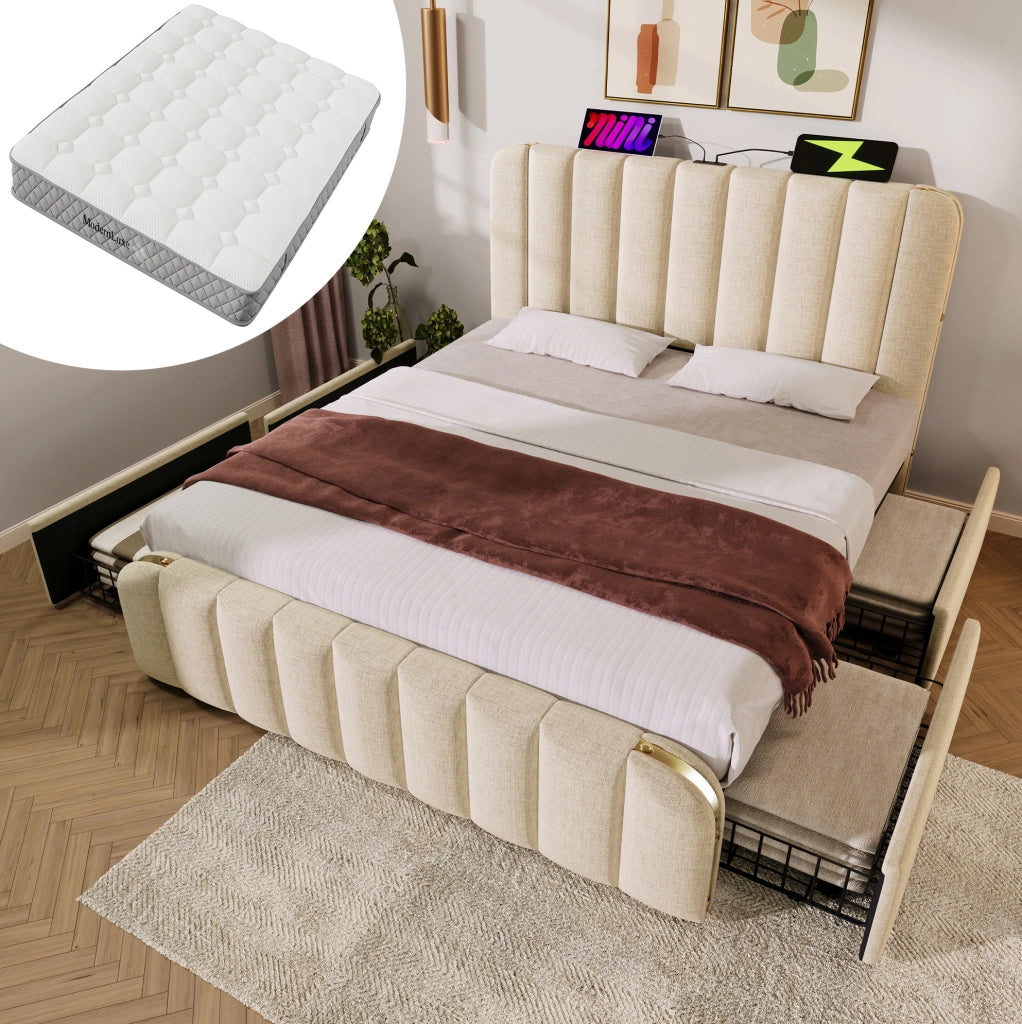 Letto imbottito beige 160x200 cm con 4 cassetti, USB-C e materasso H3 a 7 zone