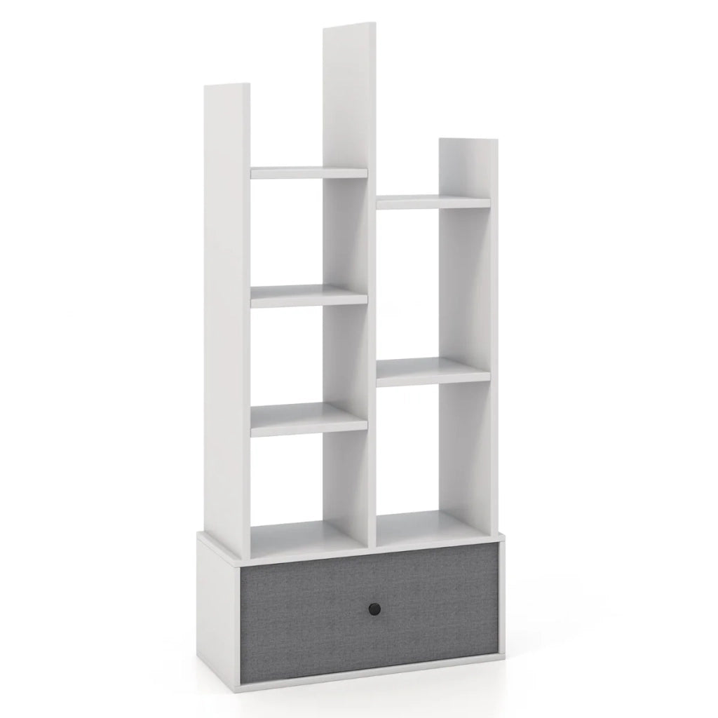 Libreria a forma di albero 53 x 24 x 118 cm con 7 ripiani e un pratico cassetto portaoggetti in legno bianco 20_0021152