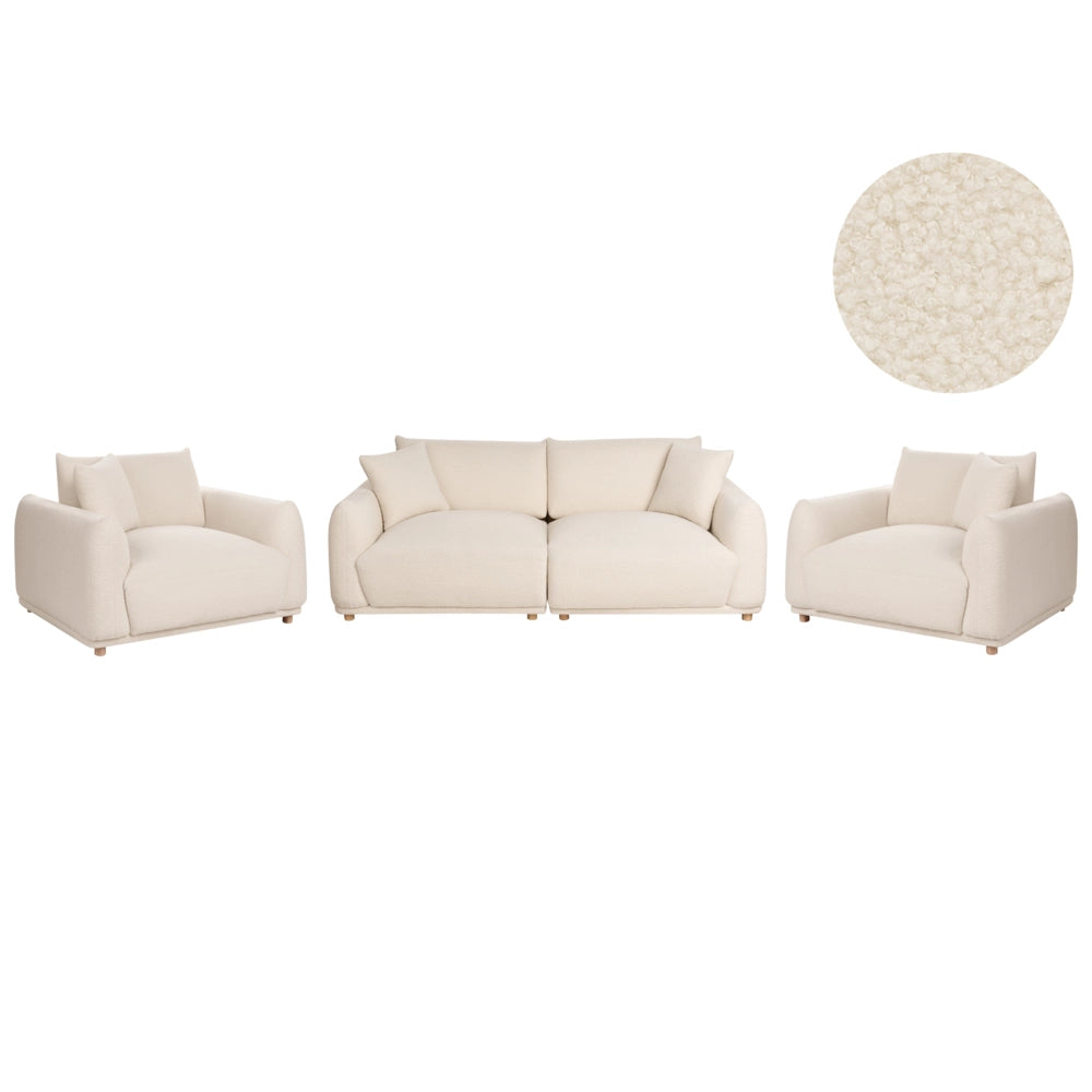Set divano moderno a 5 posti in bouclè con cuscini decorativi e poltrone con gambe in legno bianco sporco stile moderno