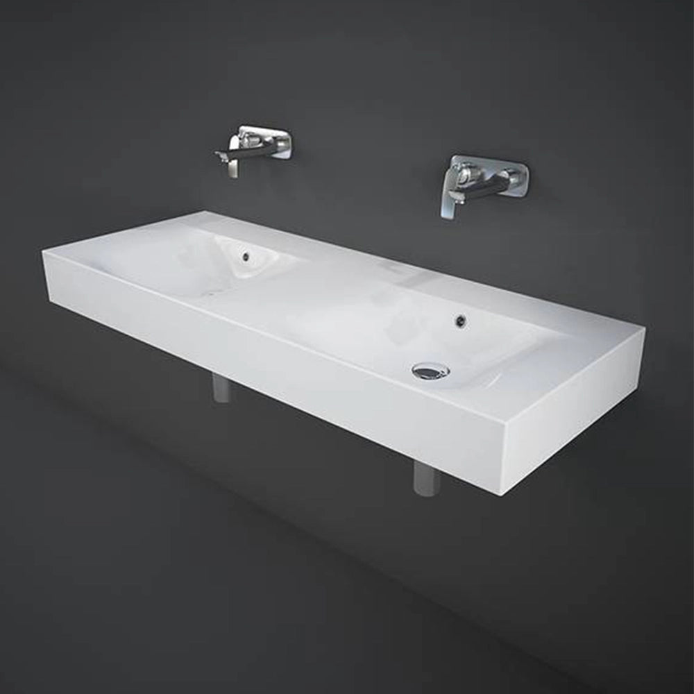 Lavabo sospeso doppio 120cm rettangolare in ceramica bianca senza foro per rubinetto Rak Des