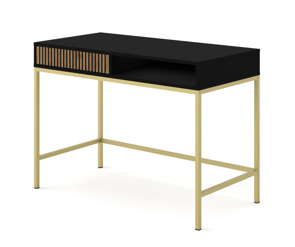SCRIVANIA DA TOELETTATURA IN MDF VERNICIATO RAVENNA F 1P NERO OPACO ROVERE ARTIGIANALE STRUTTURA ORO