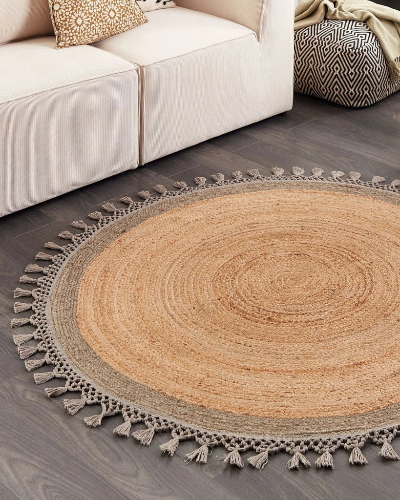 Tappeto Beige e Grigio Rotondo 140 cm Boho Rustico Spirale Intrecciato Fatto a mano Juta Naturale Camera da letto Soggiorno