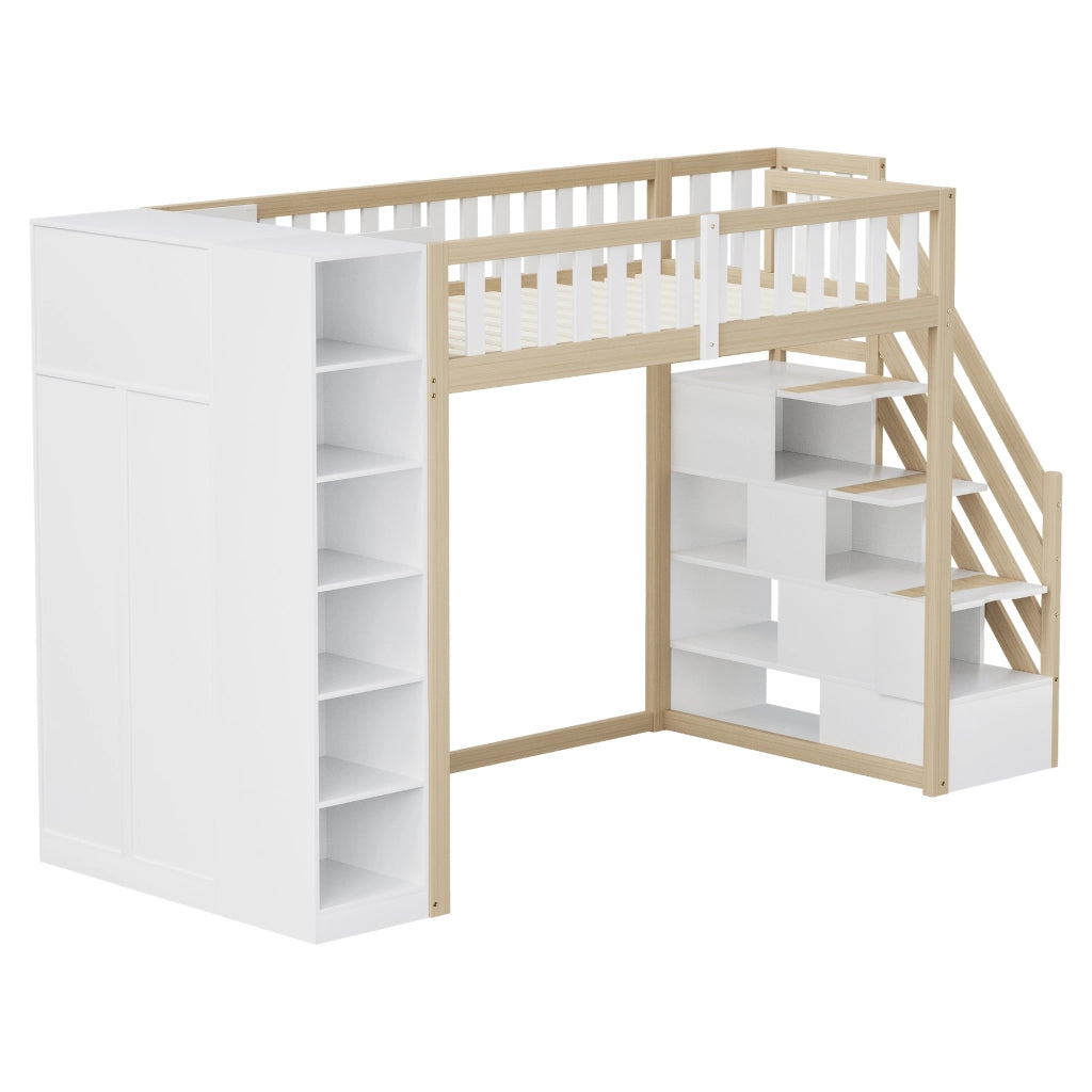 OKWISH Letto a Soppalco 90×200 cm, Letto Singolo con Scaffali, Armadio e Scala con Cassetti, senza Materasso, in Legno, Bianco