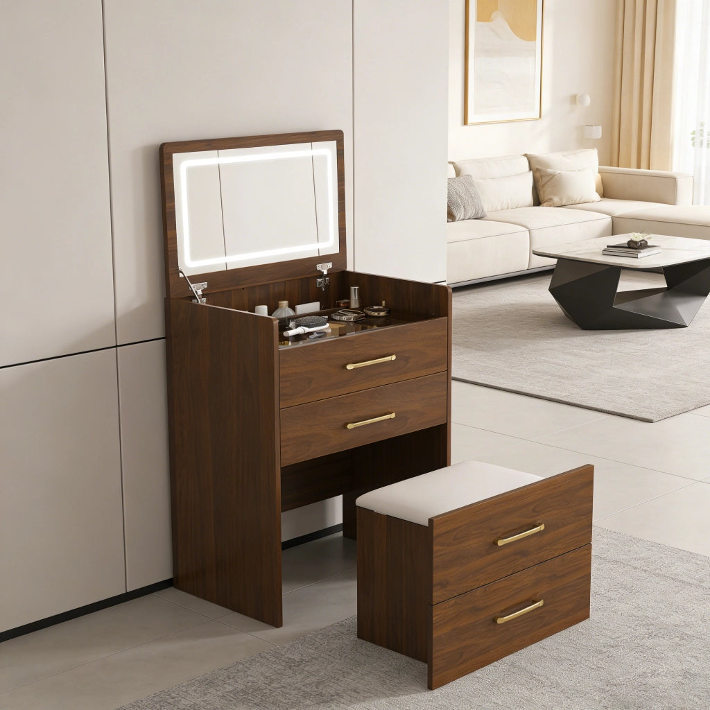Tavolo da trucco 3 in 1 con specchio apribile, piano in vetro, 3 cassetti, colore noce, 60x40x118 cm