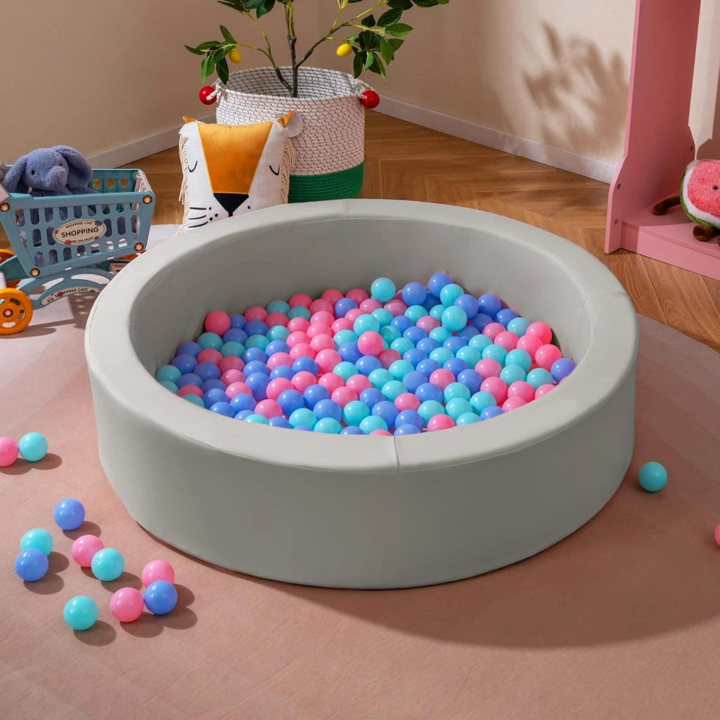 Piscina di Palline per Bambini, Vasca Rotonda con 200 Palline Colorate, Sacchetto in Rete e Copertura Rimovibile, Piscinetta in Morbida Schiuma per Soggiorno e Camera di Bambino (Grigio)