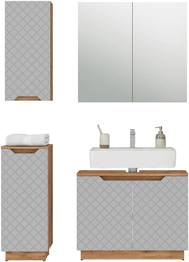 Set di mobili da bagno Lotta, Grigio, 79.6 cm, composto da mobile sottolavabo, specchiera, armadio medio e pensile