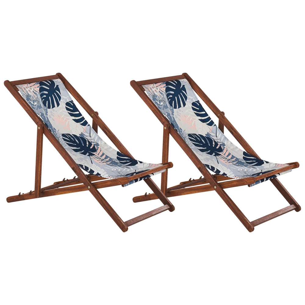 Set di 2 sedie a sdraio da giardino struttura legno acacia scuro con motivo a foglie di palma sedile reclinabile