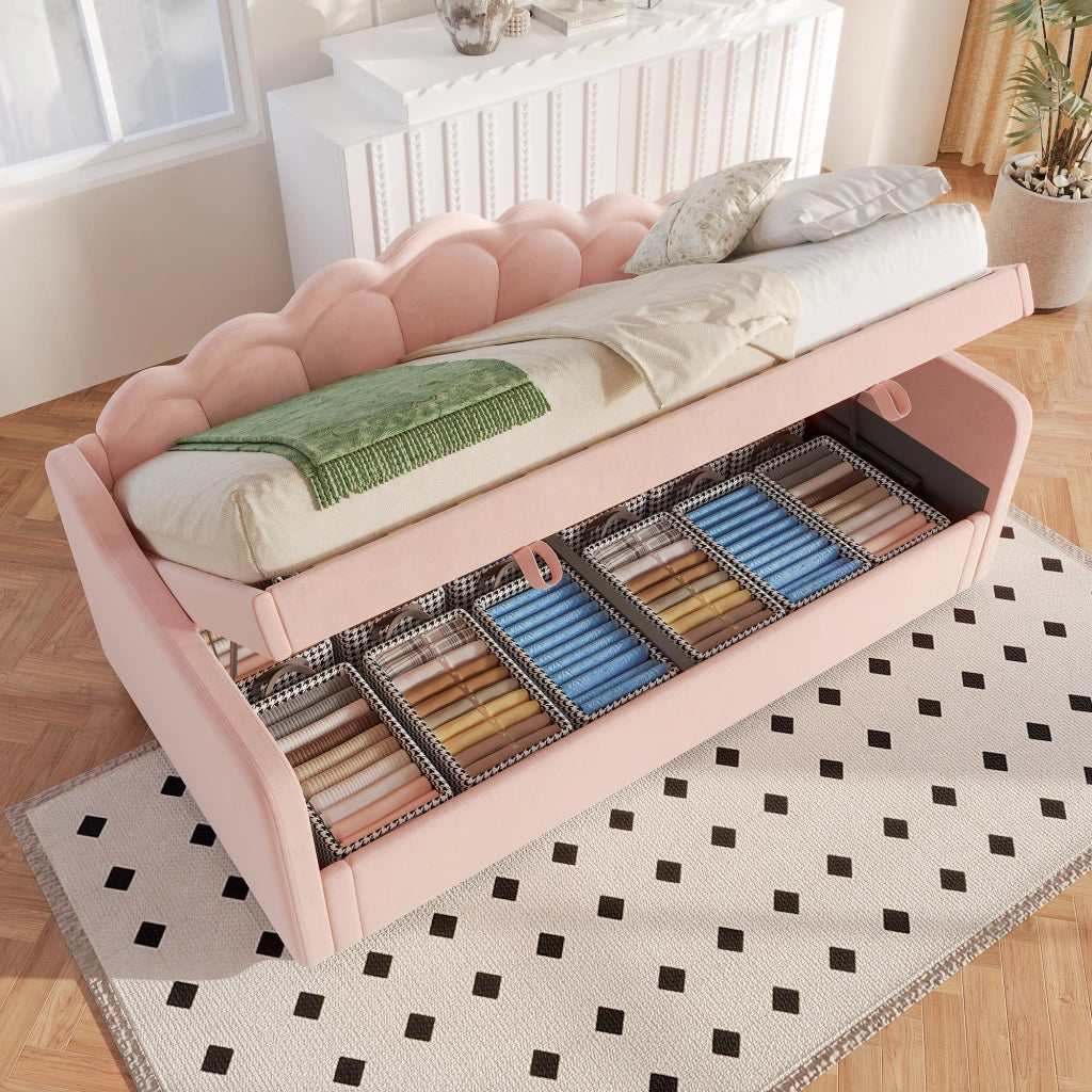 OKWISH Letto Divano 90×200 cm, Letto Singolo con Contenitore, LED Multicolore e Telecomando, senza Materasso, in Velluto, Rosa
