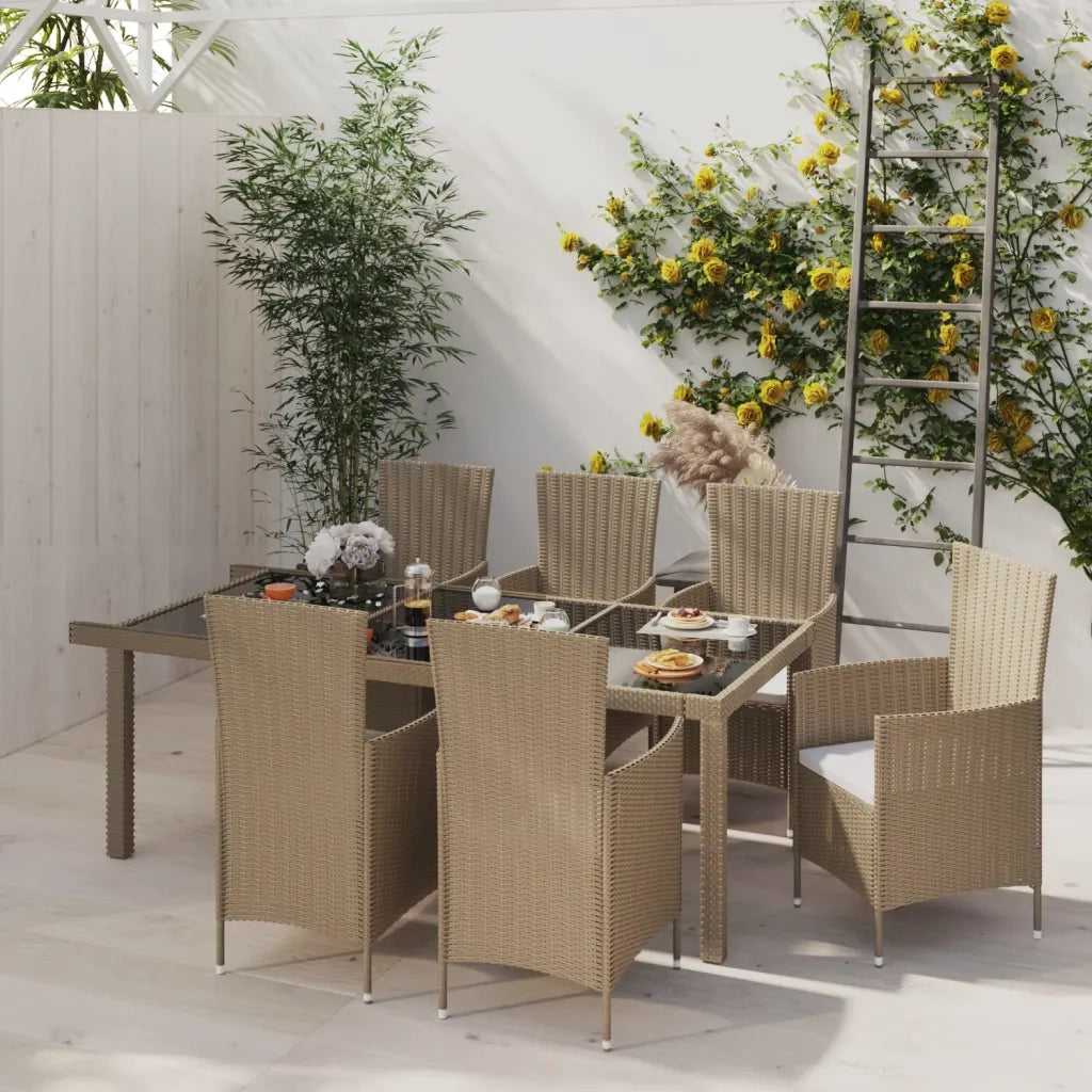 Set Mobili da Pranzo Giardino 7 pz con Cuscini Polyrattan Beige 3094905