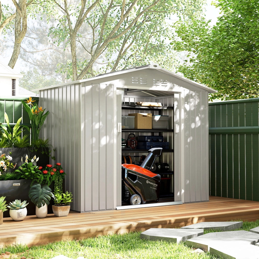 Casetta da Giardino ¨C zephmum ¨C Grigio Argento 213x130x185 cm con Porte Scorrevoli e Lucernario