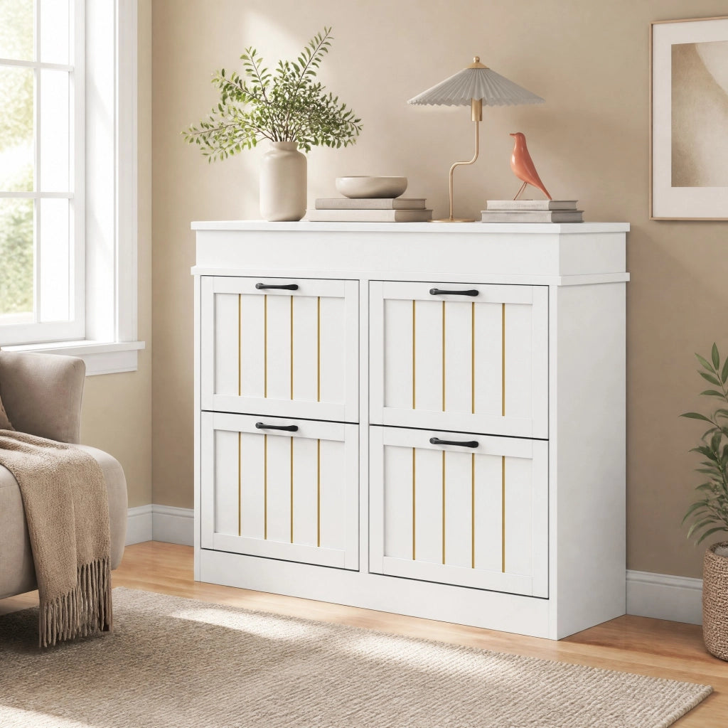 Scarpiera salvaspazio in MDF bianco con 4 ante a ribalta, 105x24x83 cm