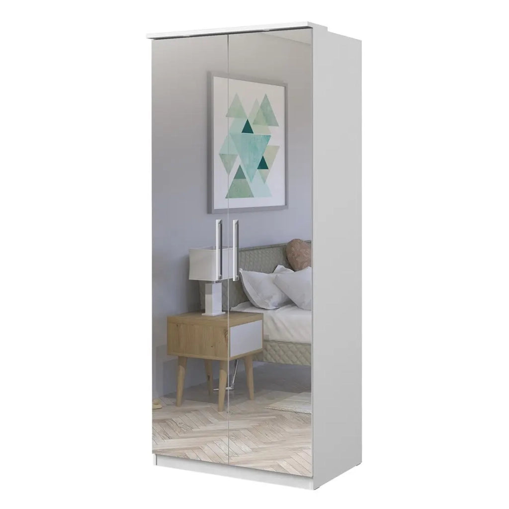Cabina armadio completa collezione MODULO colore bianco con LED, pannelli di finitura e pacchetti di ripiani inclusi.