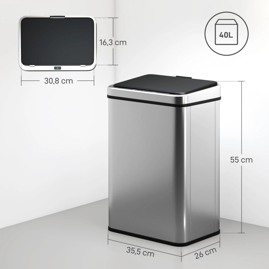 Bidone 40 Litri con Sensore ¨C zephmum ¨C Acciaio Inossidabile Argento