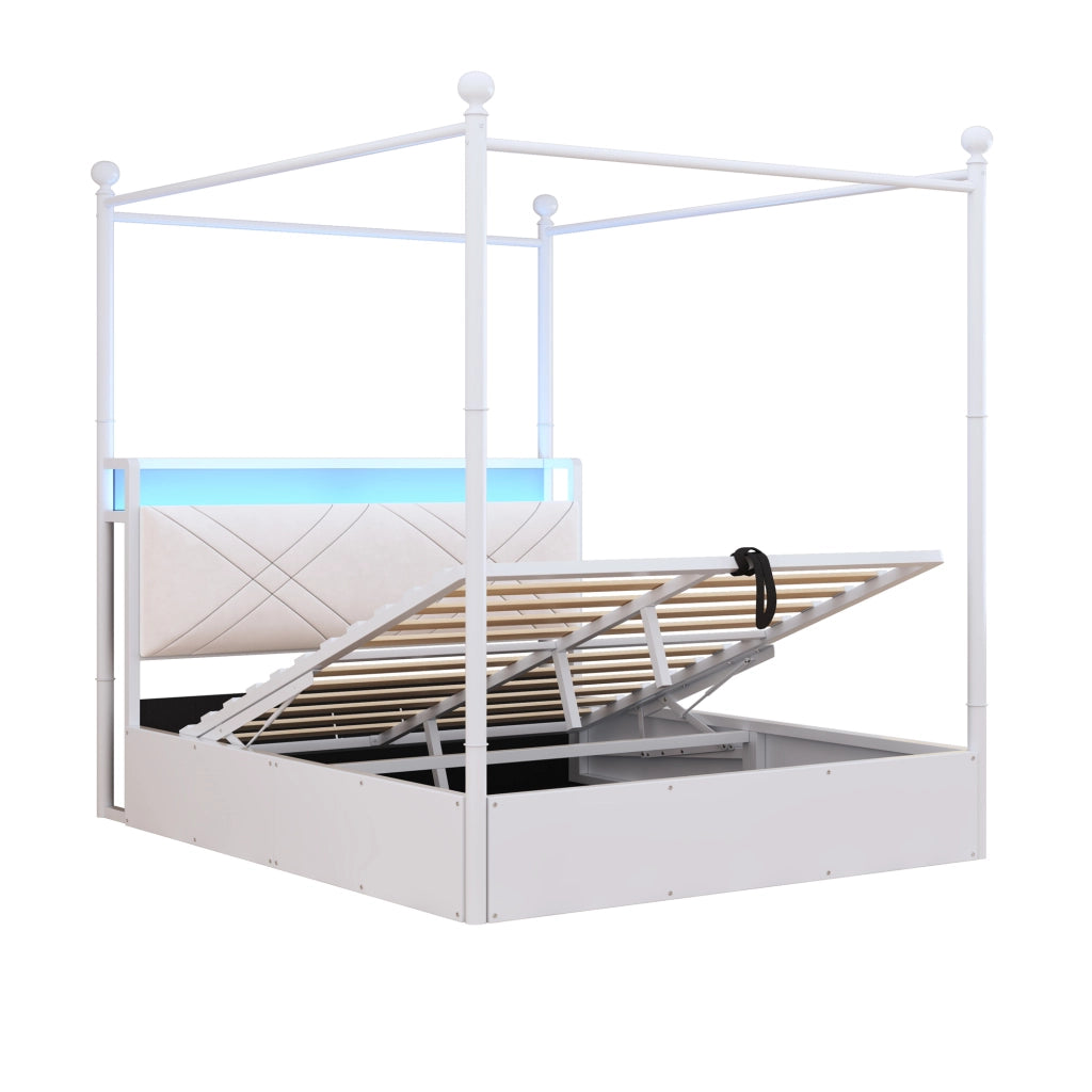 Letto matrimoniale in ferro battuto con baldacchino e LED, 140x190 cm, bianco