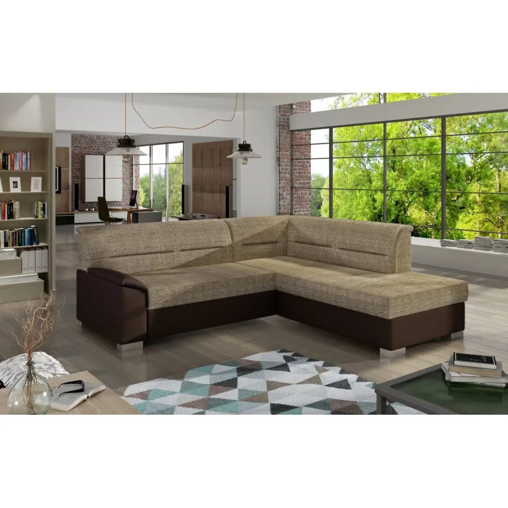Divano angolare convertibile TROMSO beige e cioccolato – Angolo destro con contenitore