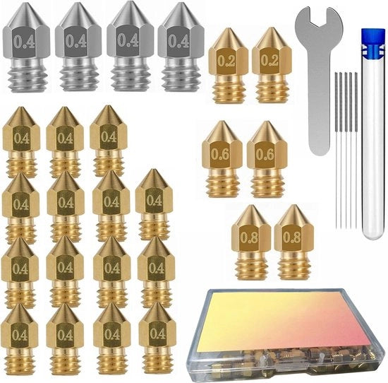 Set di Nozze 3D a 25 pezzi - Nozze in Ottone e Acciaio Inossidabile MK8 per la Testa di Stampante - Compatibile con Creality, Ender e Prusa - Incluso ago di pulizia e scatola di conservazione - per stampanti 3D precise