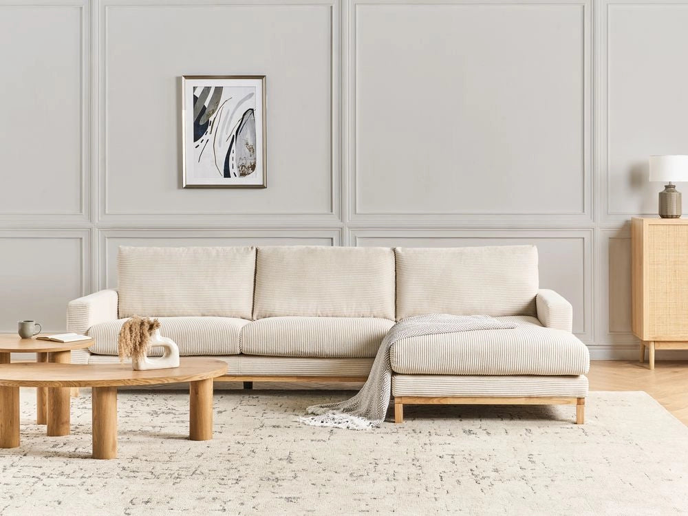 Divano angolare a sinistra Tappezzeria in corda jumbo beige chiaro Gambe in legno Elegante