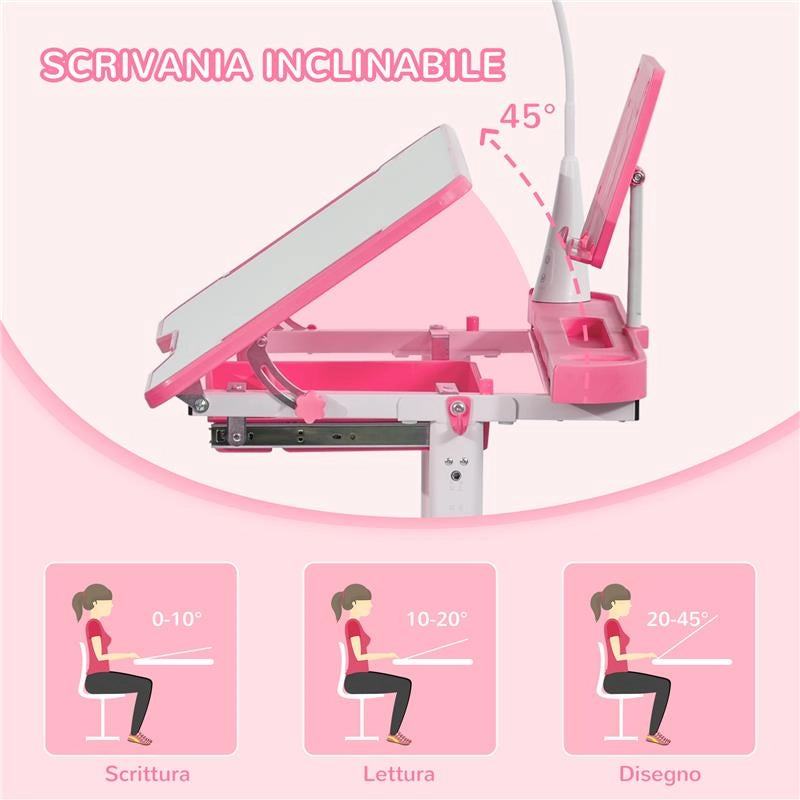 SET SCRIVANIA PER BAMBINI 6-12 ANNI CON SEDIA REGOLABILE IN ALTEZZA, CASSETTO, LUCE E PIANO INCLINABILE, ROSA