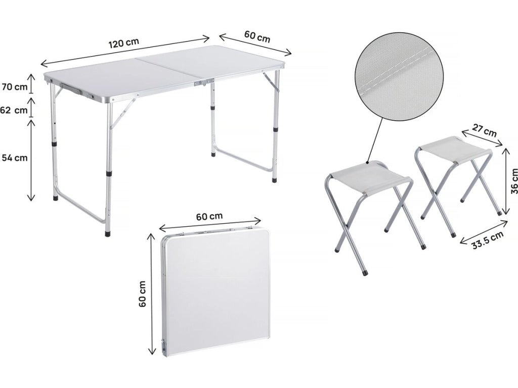 Set di tavolo da campeggio e 4 sgabelli pieghevoli - 125 x 60 cm - Bianco