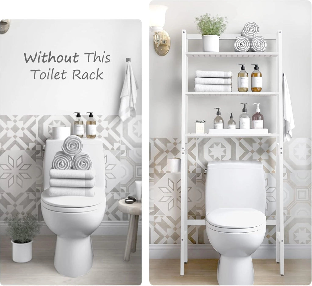 Mensola portaoggetti per bagno, 3 Livelli Sopra Scaffale per lavatrice, organizzatore di spazio per il bagno, autoportante sopra la toilette con porta carta igienica e ganci (bianco)