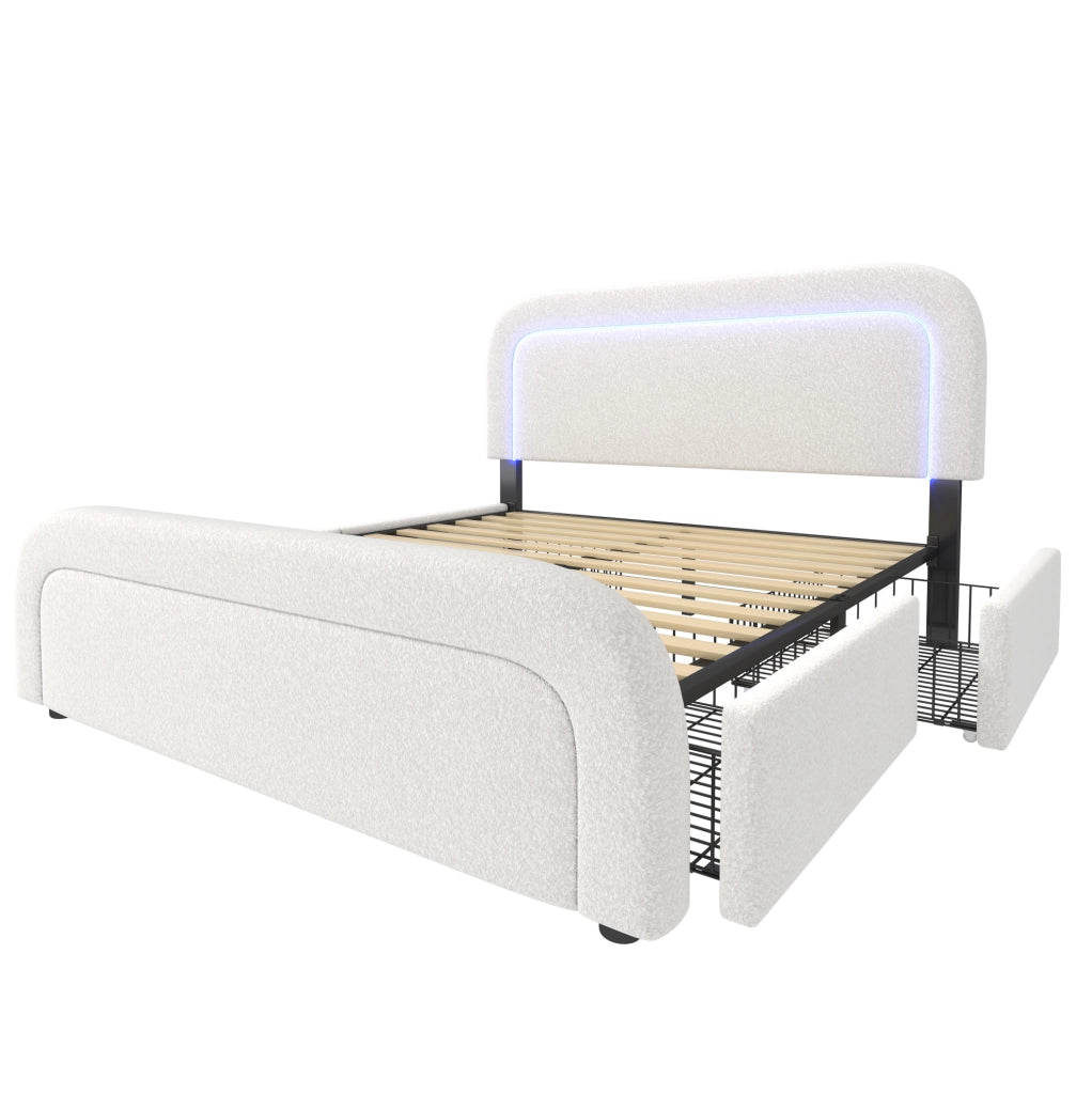 Letto matrimoniale 160x200 cm in Sherpa bianco con USB Type-C; LED e 4 cassetti
