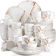 Set di servizio da tavola in porcellana bianca e oro con splendore - Incluso tavolo da pranzo, tavolo da dolce, piatti, tazze da caffè - 48 pezzi