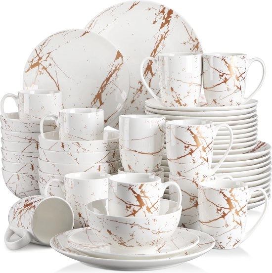 Set di servizio da tavola in porcellana bianca e oro con splendore - Incluso tavolo da pranzo, tavolo da dolce, piatti, tazze da caffè - 48 pezzi