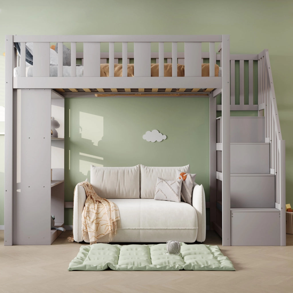 Letto a soppalco per bambini 90x200 cm con scala contenitore e 3 vani portaoggetti; legno grigio