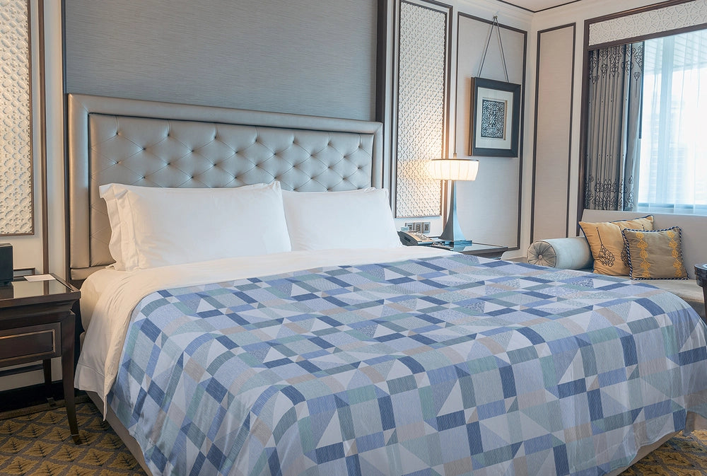 Copriletto estivo made in Italy 100% cotone piquet 3 misure fantasia Geometrica Azzurro - Matrimoniale