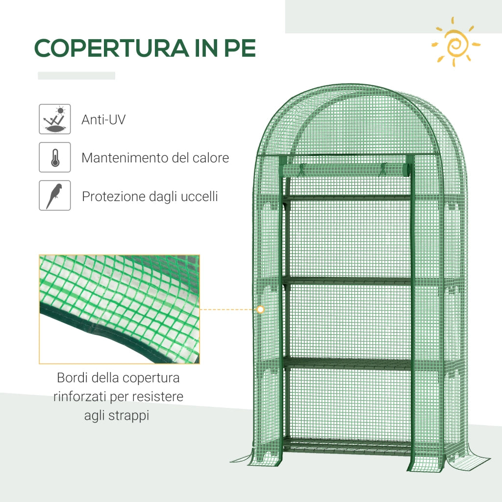 Serra da Giardino con Ripiani in Metallo, Copertura in PE e Porta Avvolgibile 80x49x160cm, Verde