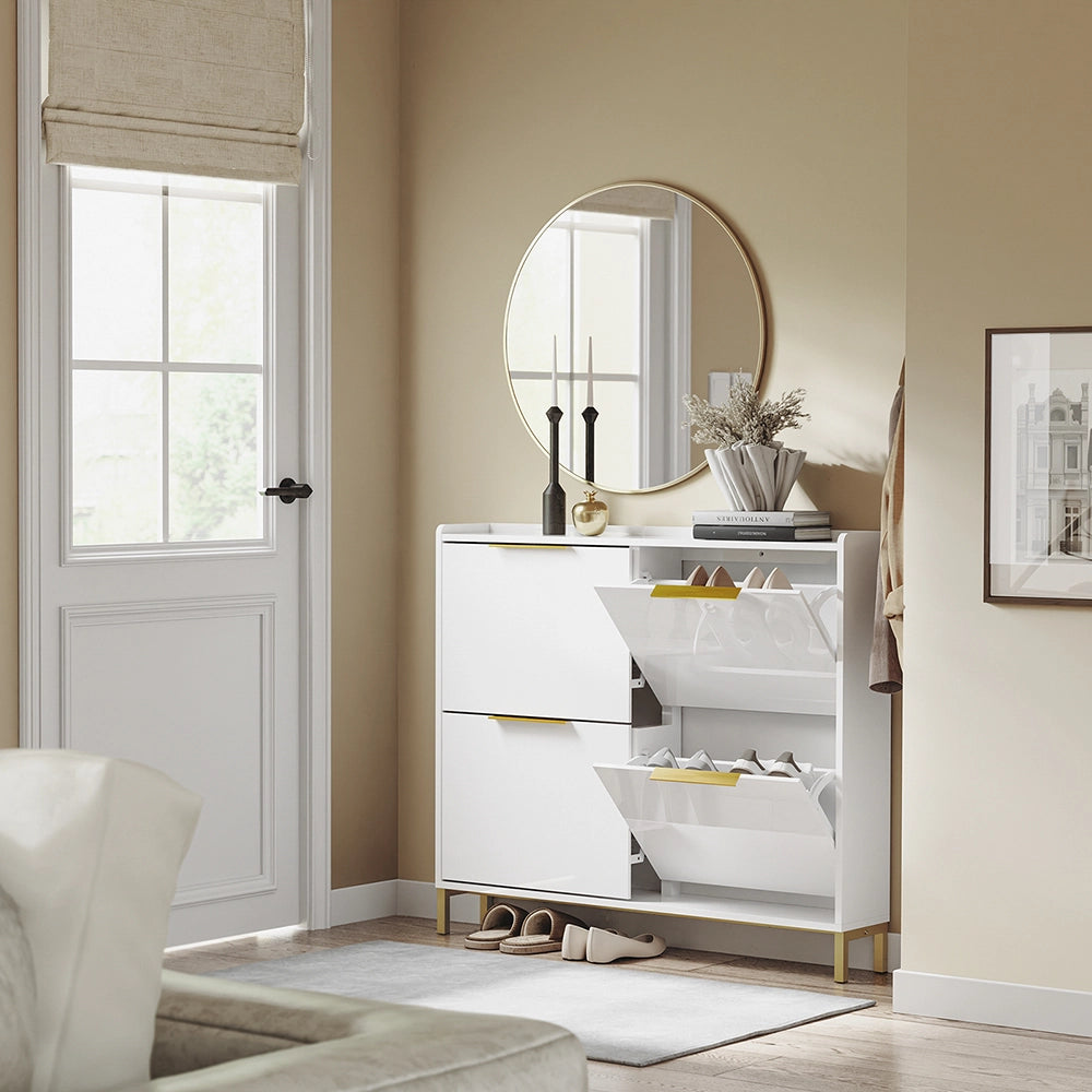 SoBuy FSR206-GW Scarpiera Salvaspazio Slim Ingresso - Mobile Scarpiera Bianca con 4 Ante a Ribalta, Profondità 19 cm, Design Nordico con Finitura Lucida e Maniglie Dorate, 100x19x90cm