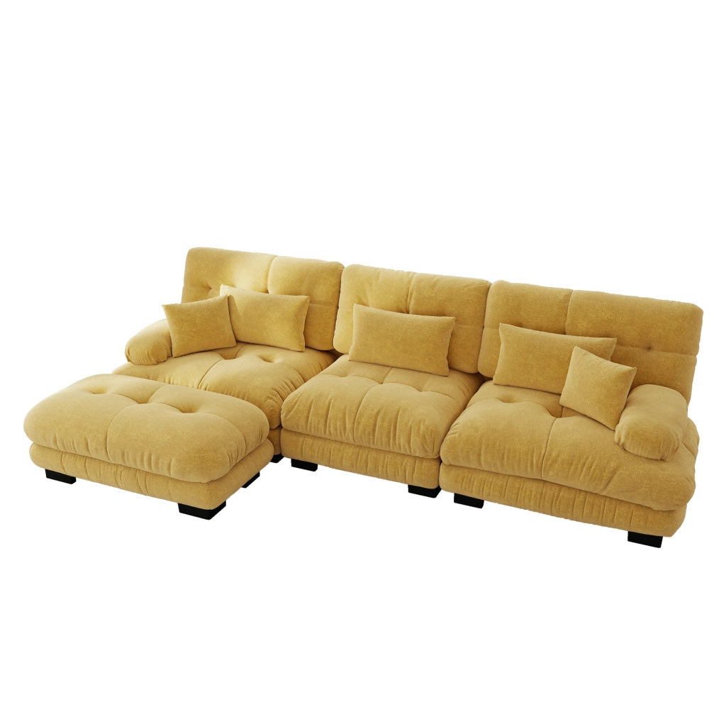 Divano angolare modulare con pouf e cuscini, seduta profonda in ciniglia vintage, giallo 313 × 145 × 81 cm