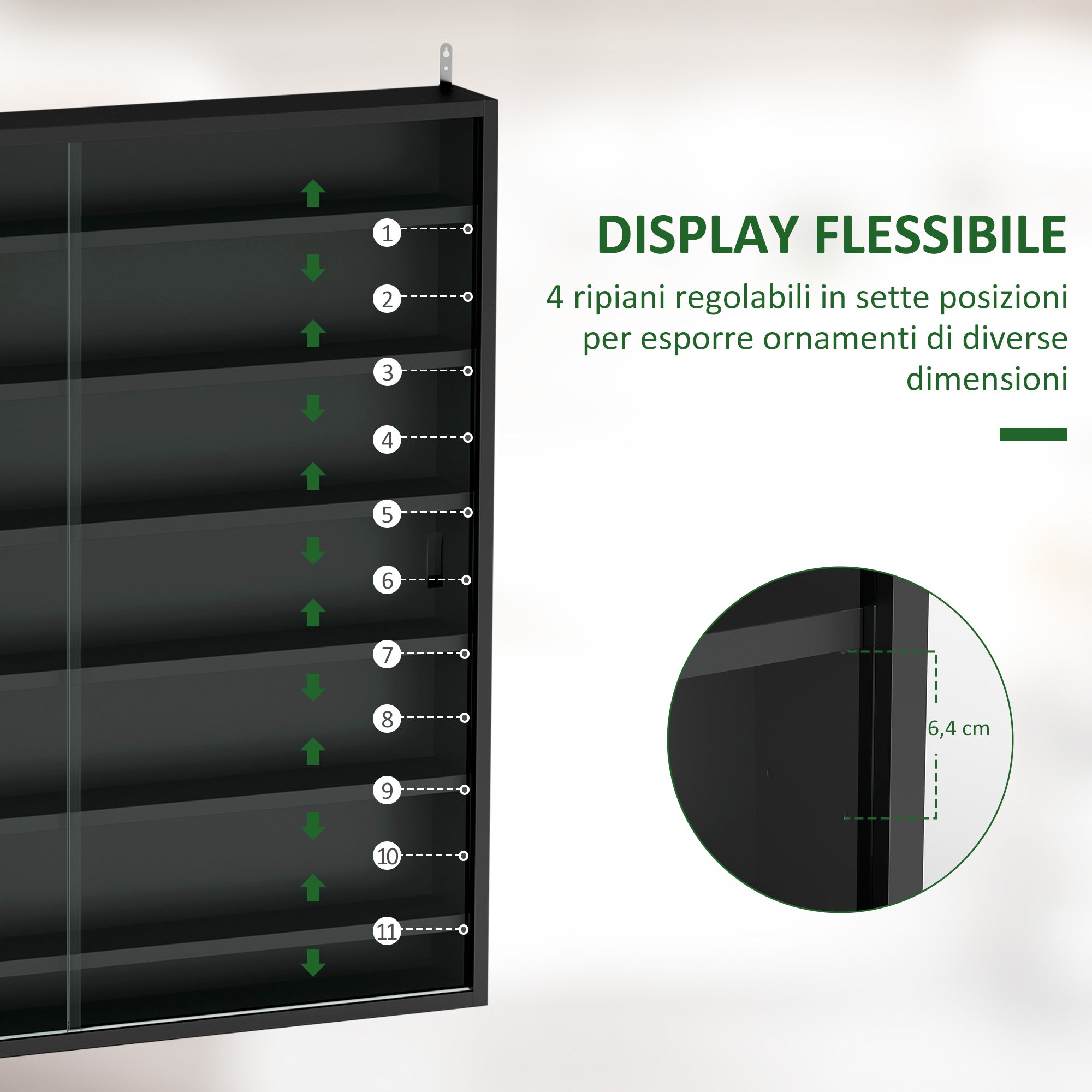 Bacheca Vetrina a Muro con 6 Ripiani Regolabili 80x9.5x83 cm in Legno Nero