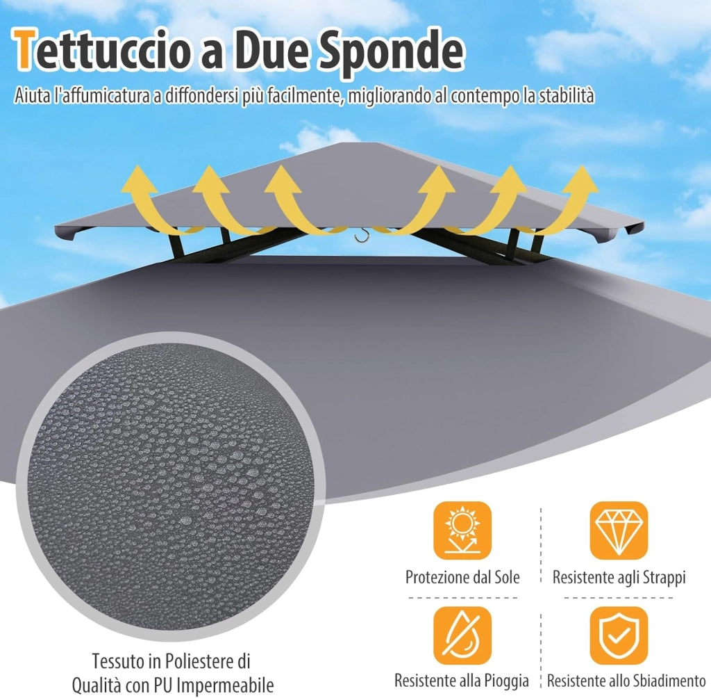 Gazebo per Barbecue 242 x 150 x 250 cm, Bazebo da Giardino per Griglia a Doppio Tetto con 2 Ripiani Laterali e 6 Ganci, Gazebo per BBQ da Giardino, Patio e Terazza, Grigio