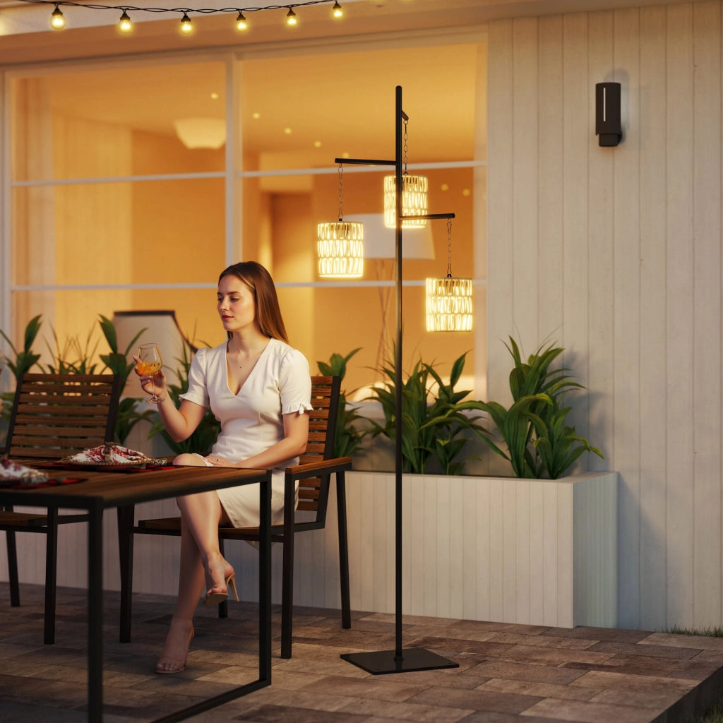 Lampada da terra solare rattan con sensore luce 3 luci automatica stile boho IP44 ¨C Zephmum ¨C Beige 100x30x160