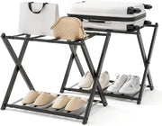 2 Pz di Portavaligia Pieghevole, Portata 70 kg, a 2 Ripiani, con Scarpiera, Struttura in Ferro, Multiuso Salvaspazio, Ideale per Viaggio e Hotel, 63,5x44x67 cm, 2 Colori (Nero)