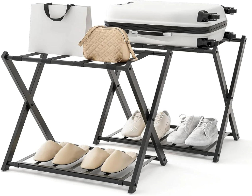 2 Pz di Portavaligia Pieghevole, Portata 70 kg, a 2 Ripiani, con Scarpiera, Struttura in Ferro, Multiuso Salvaspazio, Ideale per Viaggio e Hotel, 63,5x44x67 cm, 2 Colori (Nero)