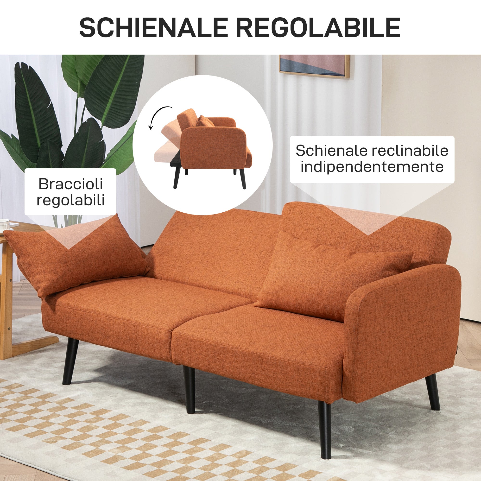 Divano Letto Singolo Clic Clac con Schienale Regolabile 170x83x80 cm in Tessuto effetto Lino Marrone