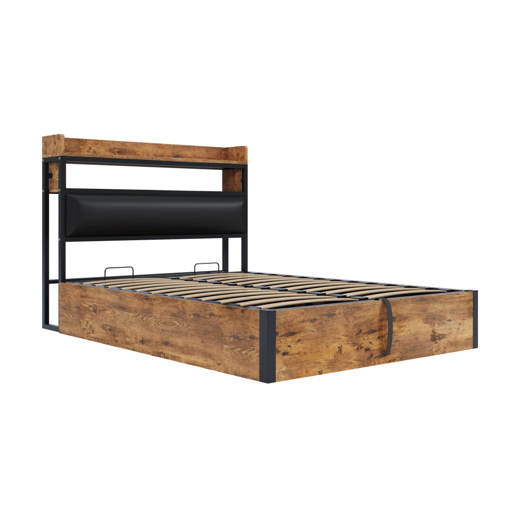 OKWISH Letto contenitore 140×200 cm, Letto Matrimoniale con Vano Contenitore, USB, Testiera Imbottita e Mensole, senza Materasso, Nero